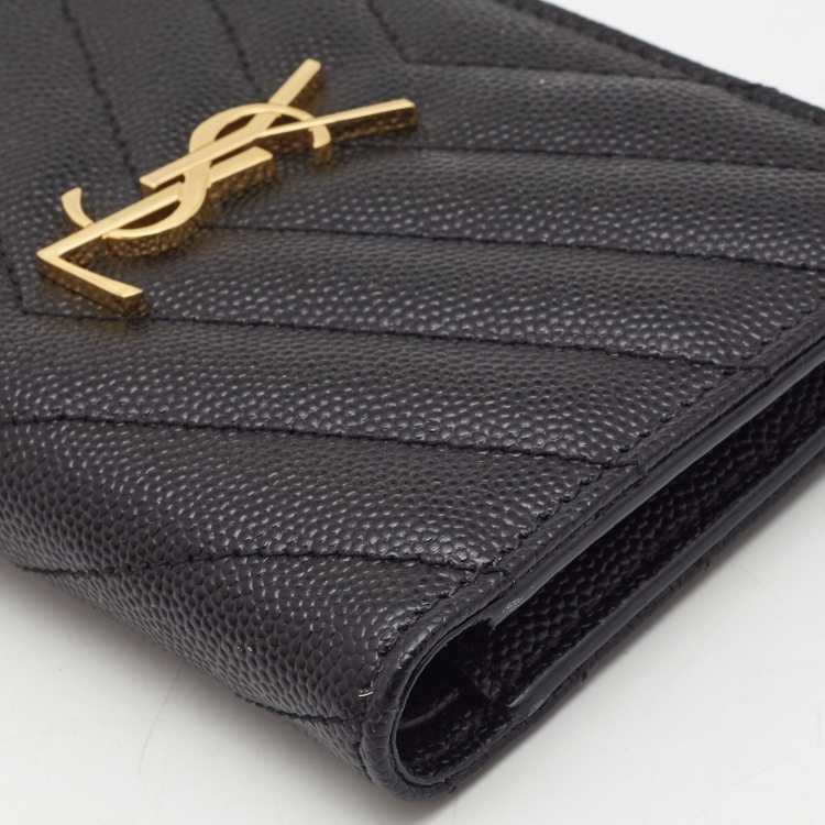 Pre Owned Saint Laurent Black Matelassé Leather Cassandre Zip Compact Wallet