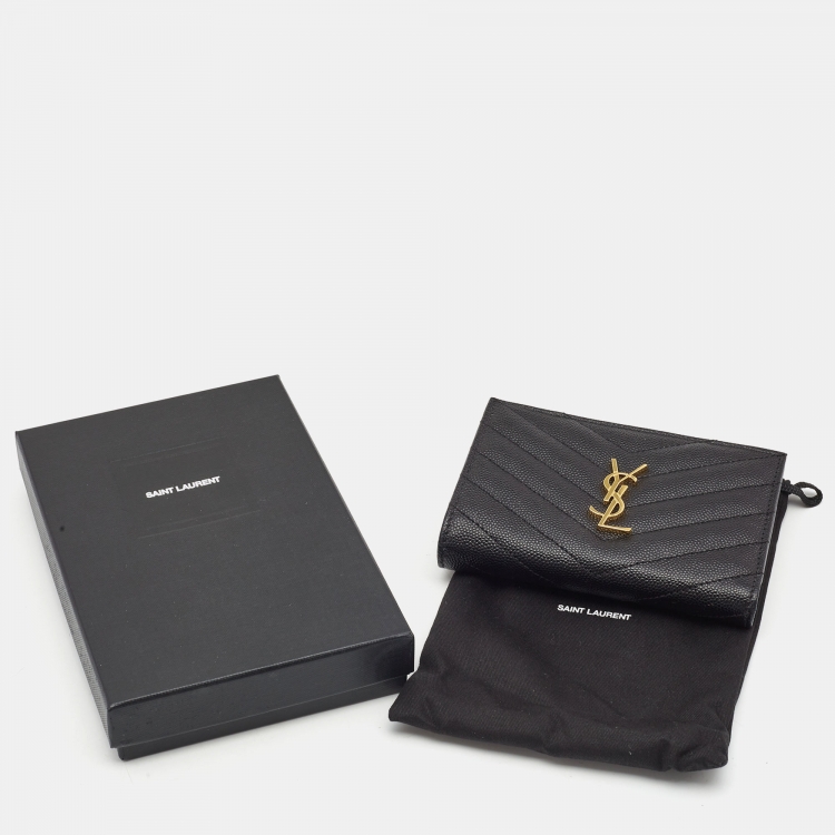 Pre Owned Saint Laurent Black Matelassé Leather Cassandre Zip Compact Wallet