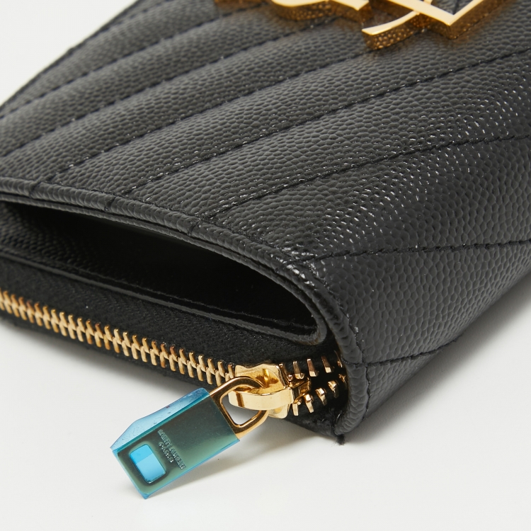 Pre Owned Saint Laurent Black Matelassé Leather Cassandre Compact Wallet