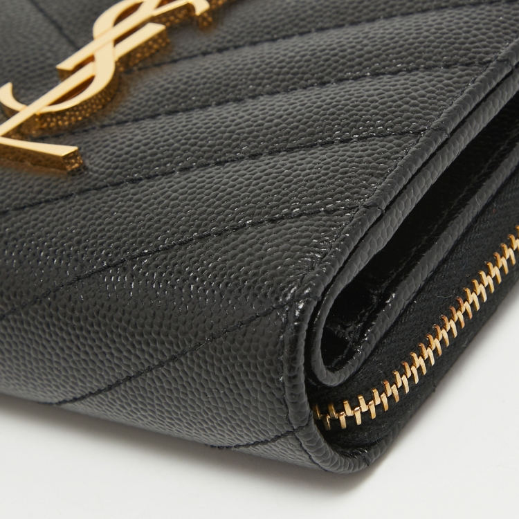Pre Owned Saint Laurent Black Matelassé Leather Cassandre Compact Wallet
