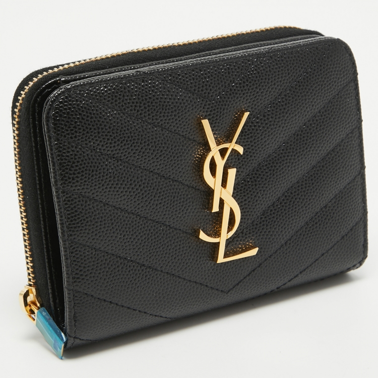Pre Owned Saint Laurent Black Matelassé Leather Cassandre Compact Wallet