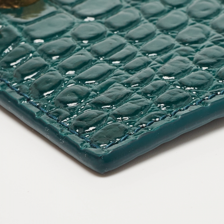 Pre Owned Saint Laurent Green Croc Embossed Leather Monogram Card Holder