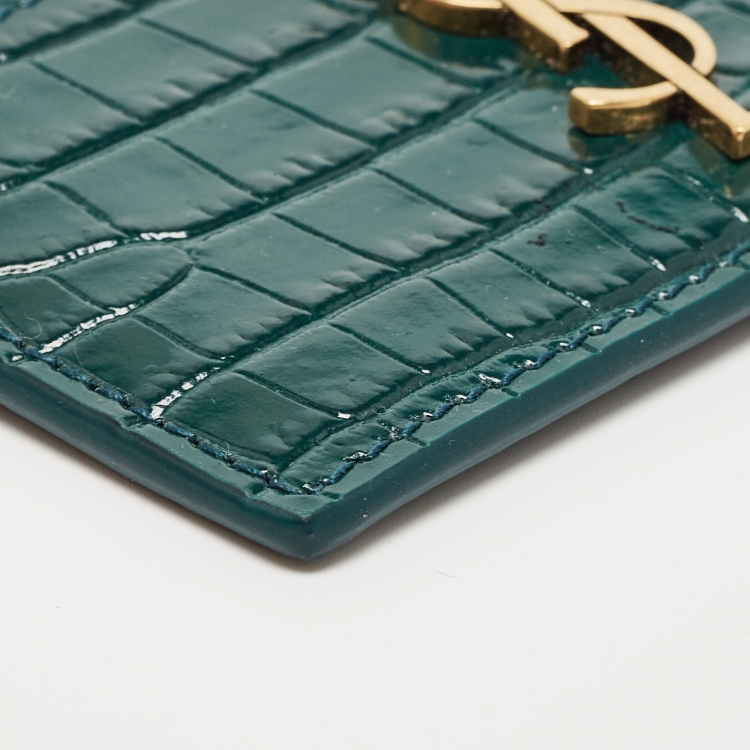 Pre Owned Saint Laurent Green Croc Embossed Leather Monogram Card Holder