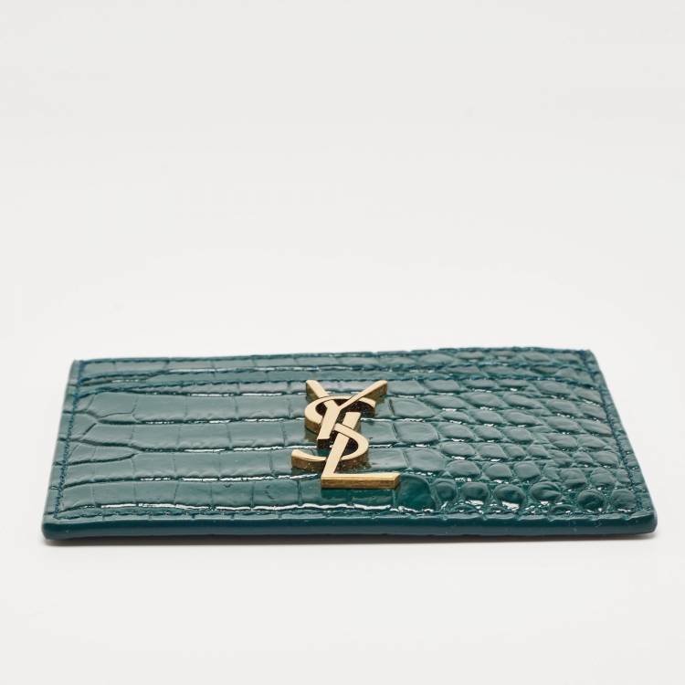 Pre Owned Saint Laurent Green Croc Embossed Leather Monogram Card Holder