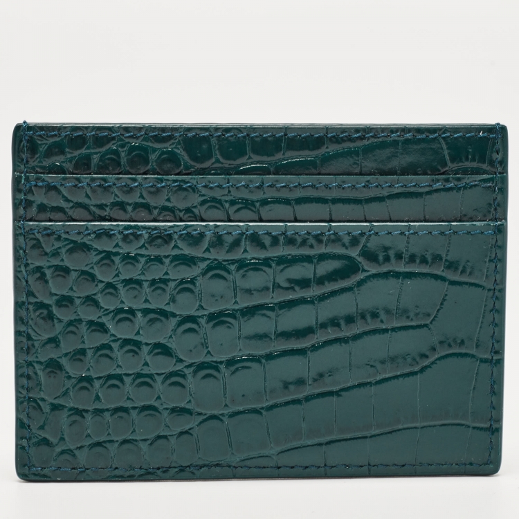 Pre Owned Saint Laurent Green Croc Embossed Leather Monogram Card Holder