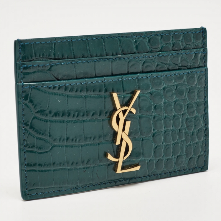 Pre Owned Saint Laurent Green Croc Embossed Leather Monogram Card Holder