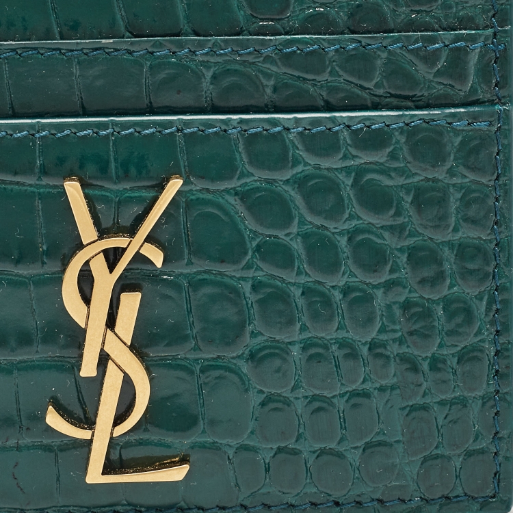 Pre Owned Saint Laurent Green Croc Embossed Leather Monogram Card Holder