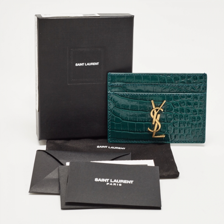Pre Owned Saint Laurent Green Croc Embossed Leather Monogram Card Holder