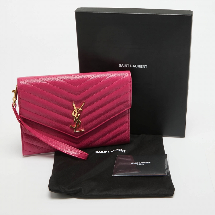 Pre Owned Saint Laurent Pink Matelassé Leather Monogram Envelope Wristlet Clutch