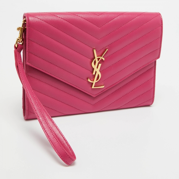 Pre Owned Saint Laurent Pink Matelassé Leather Monogram Envelope Wristlet Clutch
