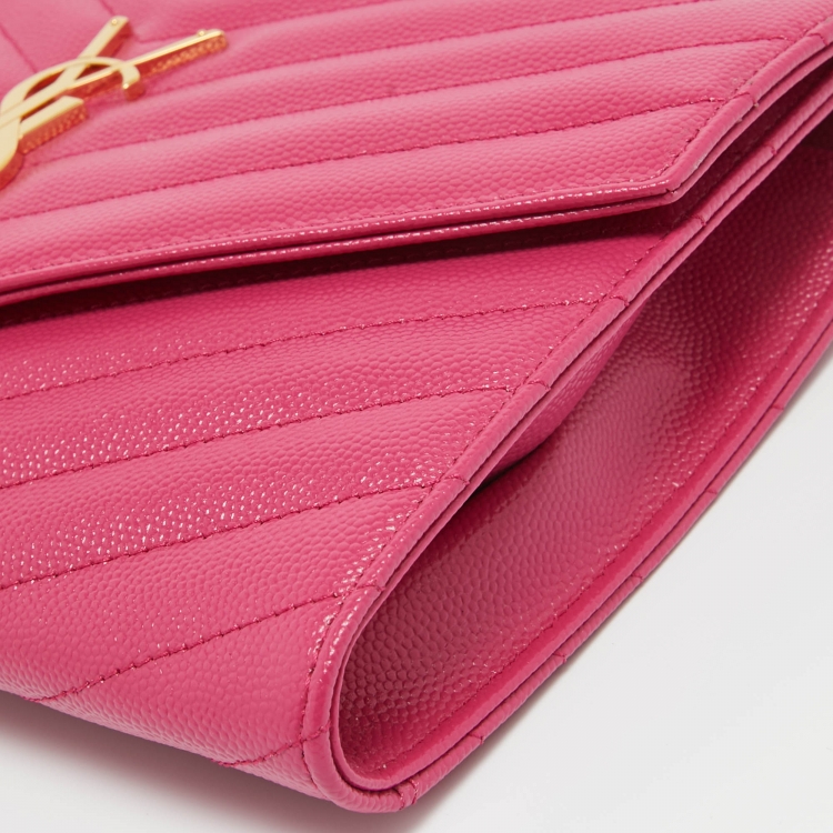 Pre Owned Saint Laurent Pink Matelassé Leather Monogram Envelope Wristlet Clutch