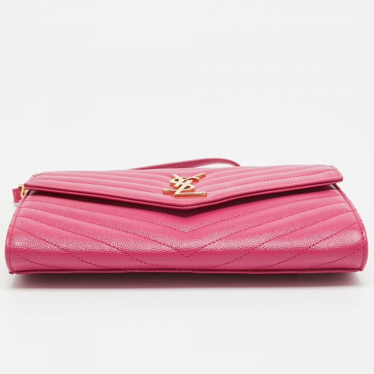 Pre Owned Saint Laurent Pink Matelassé Leather Monogram Envelope Wristlet Clutch