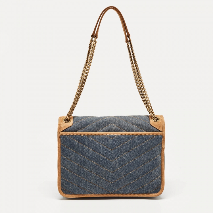 Pre Owned Saint Laurent Blue/Beige Matelasse Denim and Suede Medium Niki Shoulder Bag