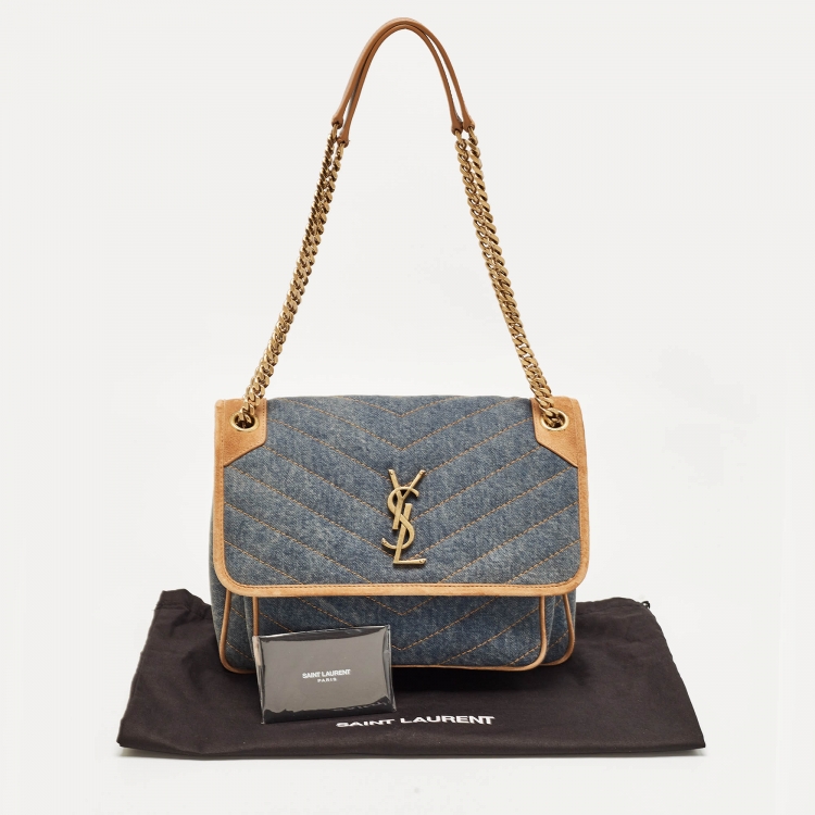 Pre Owned Saint Laurent Blue/Beige Matelasse Denim and Suede Medium Niki Shoulder Bag