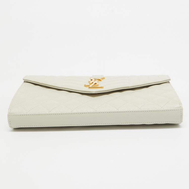 Pre Owned Saint Laurent Off White Mixed Quilted Leather Monogram Envelope Wallet On Chain