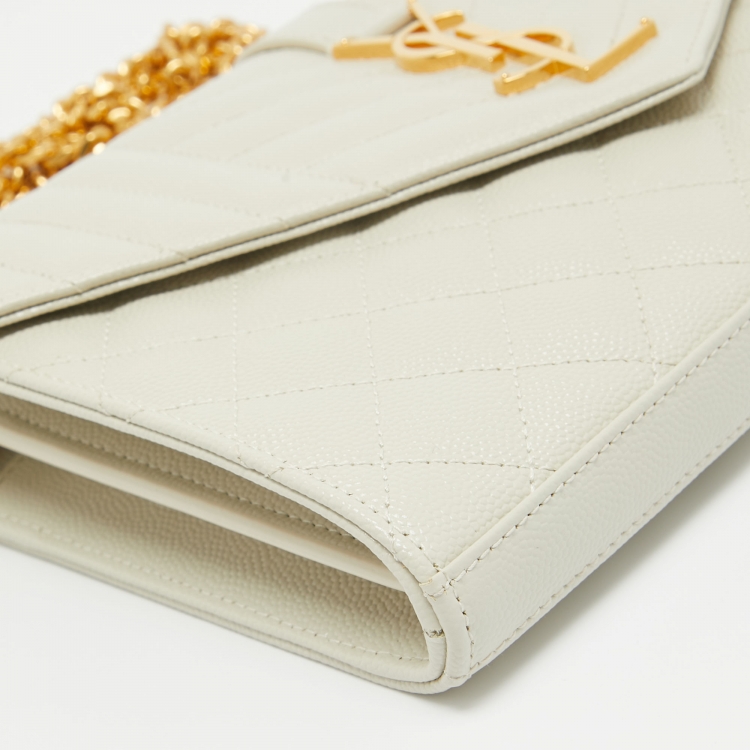 Pre Owned Saint Laurent Off White Mixed Quilted Leather Monogram Envelope Wallet On Chain