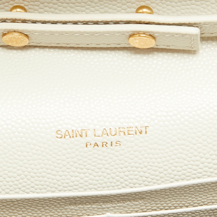 Pre Owned Saint Laurent Off White Mixed Quilted Leather Monogram Envelope Wallet On Chain