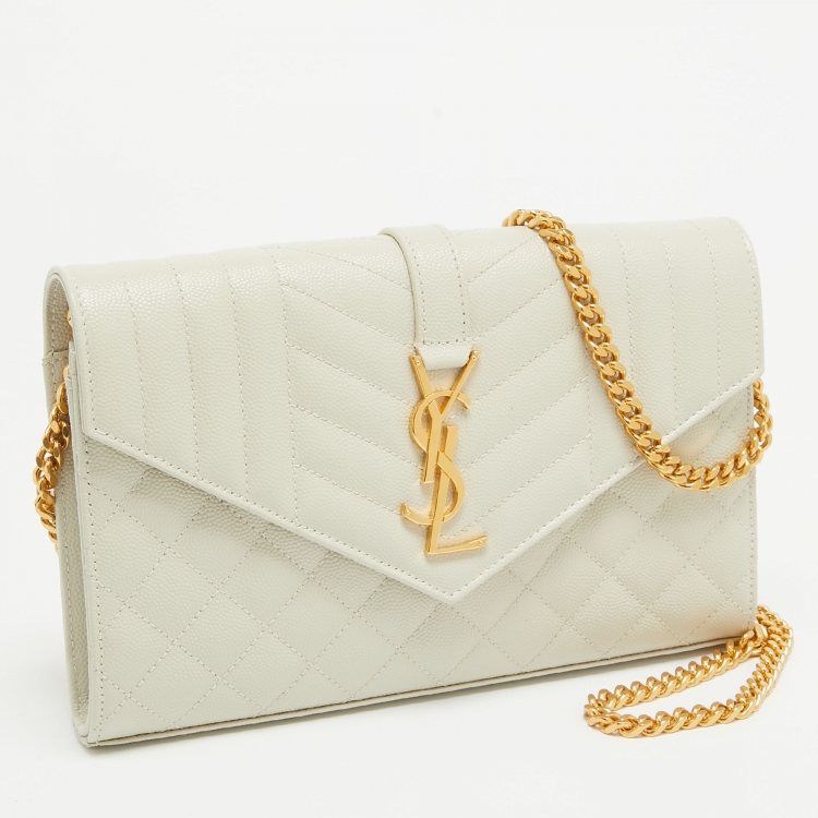 Pre Owned Saint Laurent Off White Mixed Quilted Leather Monogram Envelope Wallet On Chain