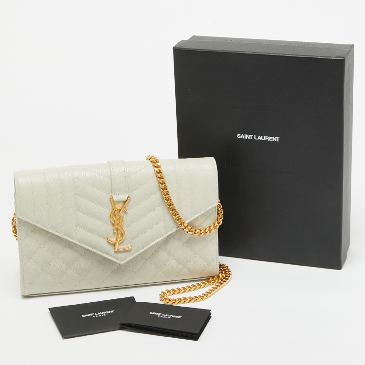 Pre Owned Saint Laurent Off White Mixed Quilted Leather Monogram Envelope Wallet On Chain