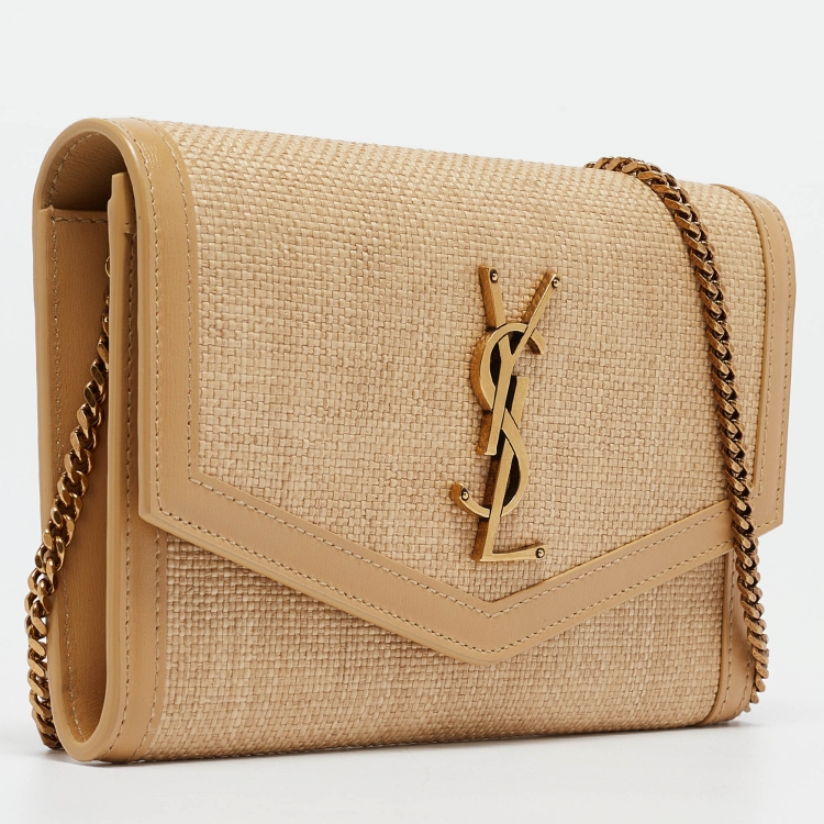 مملوكة مسبقًا Saint Laurent Beige Raffia and Leather Uptown Wallet on Chain