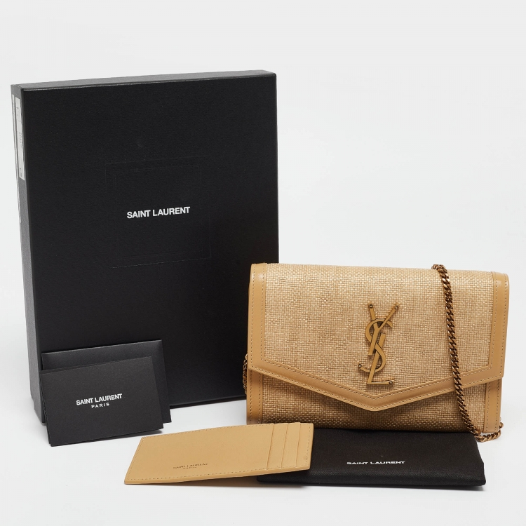 مملوكة مسبقًا Saint Laurent Beige Raffia and Leather Uptown Wallet on Chain