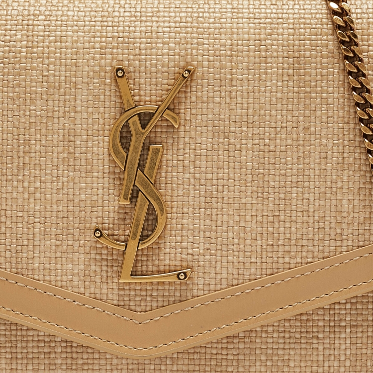 مملوكة مسبقًا Saint Laurent Beige Raffia and Leather Uptown Wallet on Chain