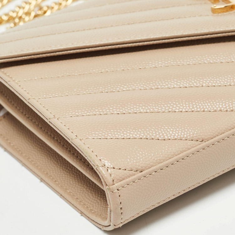 Pre Owned Saint Laurent Beige Matelassé Leather Monogram Envelope Wallet on Chain