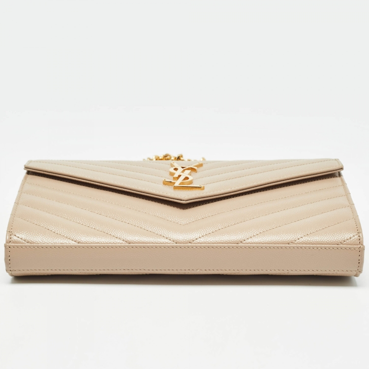 Pre Owned Saint Laurent Beige Matelassé Leather Monogram Envelope Wallet on Chain
