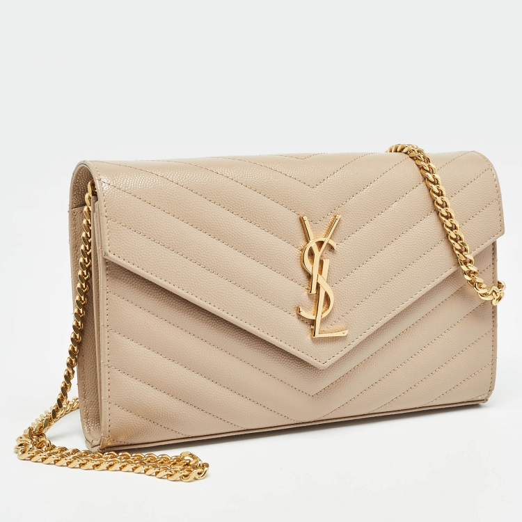 Pre Owned Saint Laurent Beige Matelassé Leather Monogram Envelope Wallet on Chain