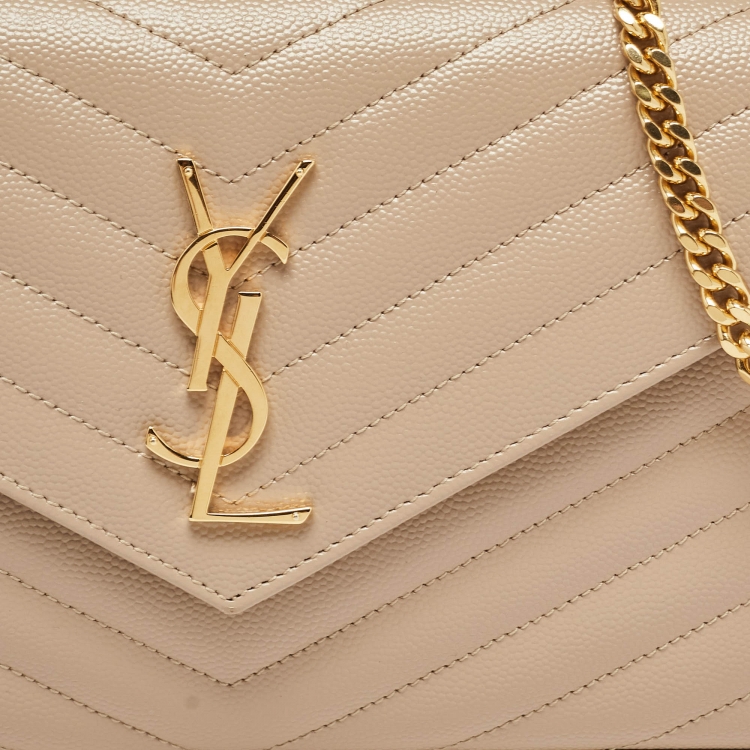 Pre Owned Saint Laurent Beige Matelassé Leather Monogram Envelope Wallet on Chain