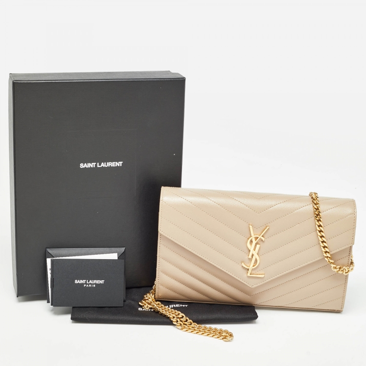 Pre Owned Saint Laurent Beige Matelassé Leather Monogram Envelope Wallet on Chain