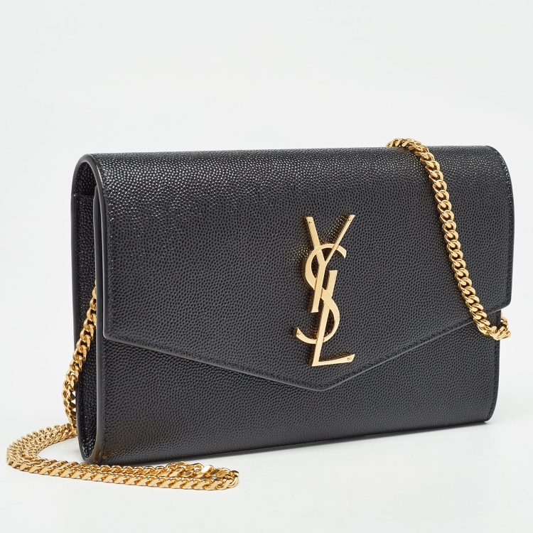 Pre Owned Saint Laurent Black Leather Uptown Wallet on Chain