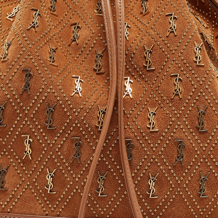 Pre Owned Saint Laurent Brown Suede Monogram Studded Drawstring Bucket Bag