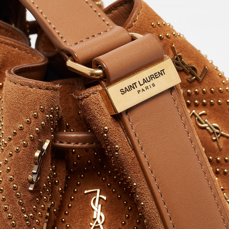 Pre Owned Saint Laurent Brown Suede Monogram Studded Drawstring Bucket Bag