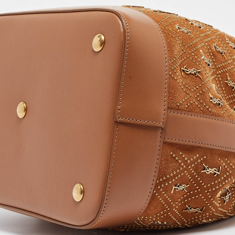 Pre Owned Saint Laurent Brown Suede Monogram Studded Drawstring Bucket Bag