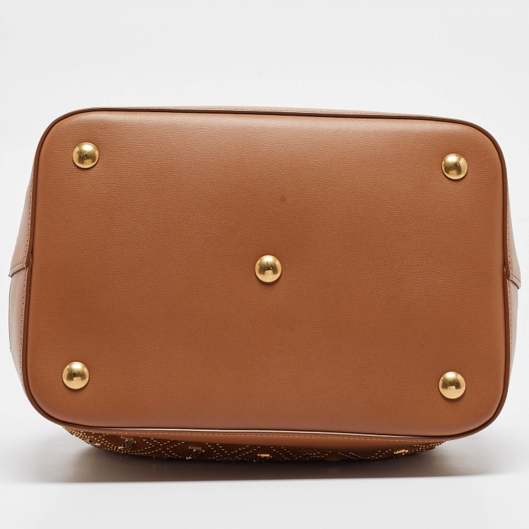 Pre Owned Saint Laurent Brown Suede Monogram Studded Drawstring Bucket Bag