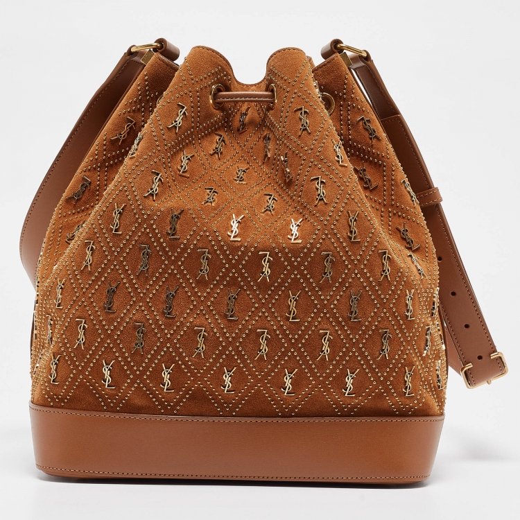 Pre Owned Saint Laurent Brown Suede Monogram Studded Drawstring Bucket Bag