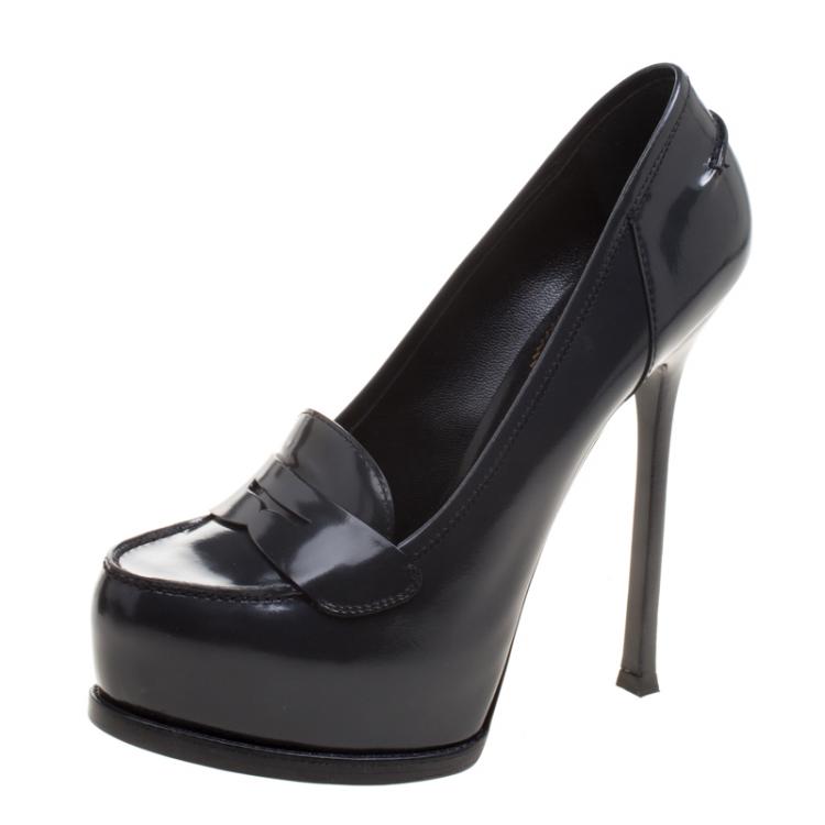 Pre Owned Saint Laurent Grey Glossy Leather Tribtoo Penny Loafer Platform Pumps Size 40.5