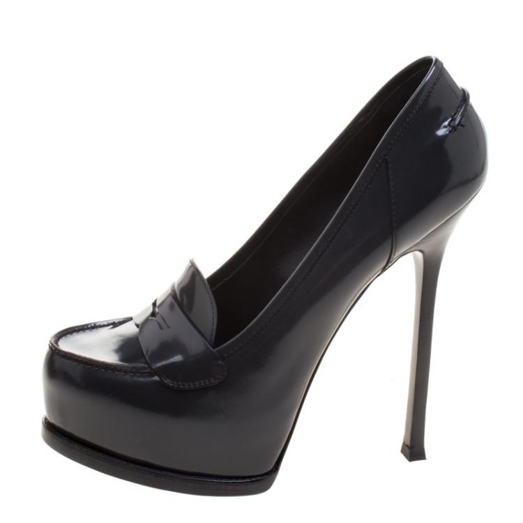 Pre Owned Saint Laurent Grey Glossy Leather Tribtoo Penny Loafer Platform Pumps Size 40.5