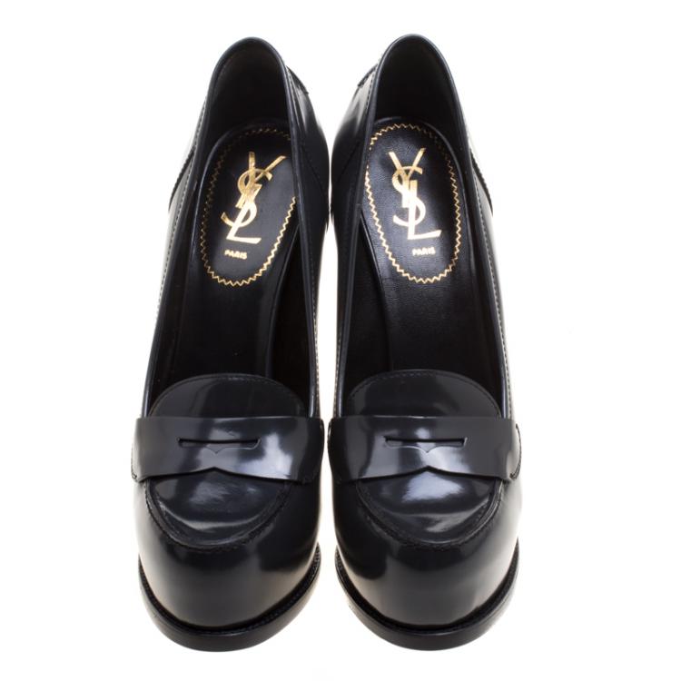 Pre Owned Saint Laurent Grey Glossy Leather Tribtoo Penny Loafer Platform Pumps Size 40.5