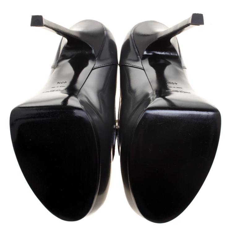 Pre Owned Saint Laurent Grey Glossy Leather Tribtoo Penny Loafer Platform Pumps Size 40.5