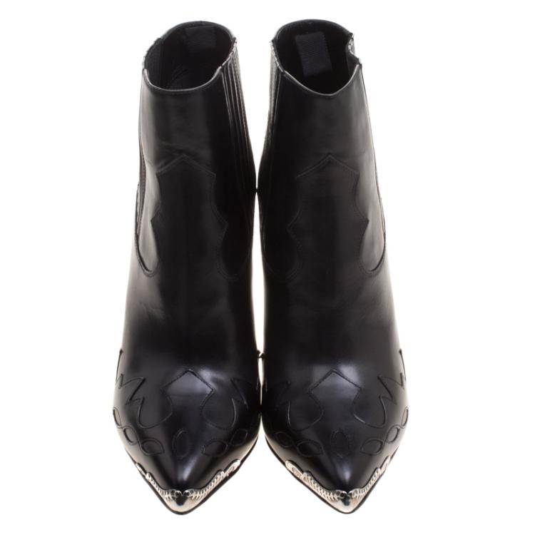 Pre Owned Saint Laurent Paris Black Leather Western Paris Pointed Toe Ankle Boots Size 37.5