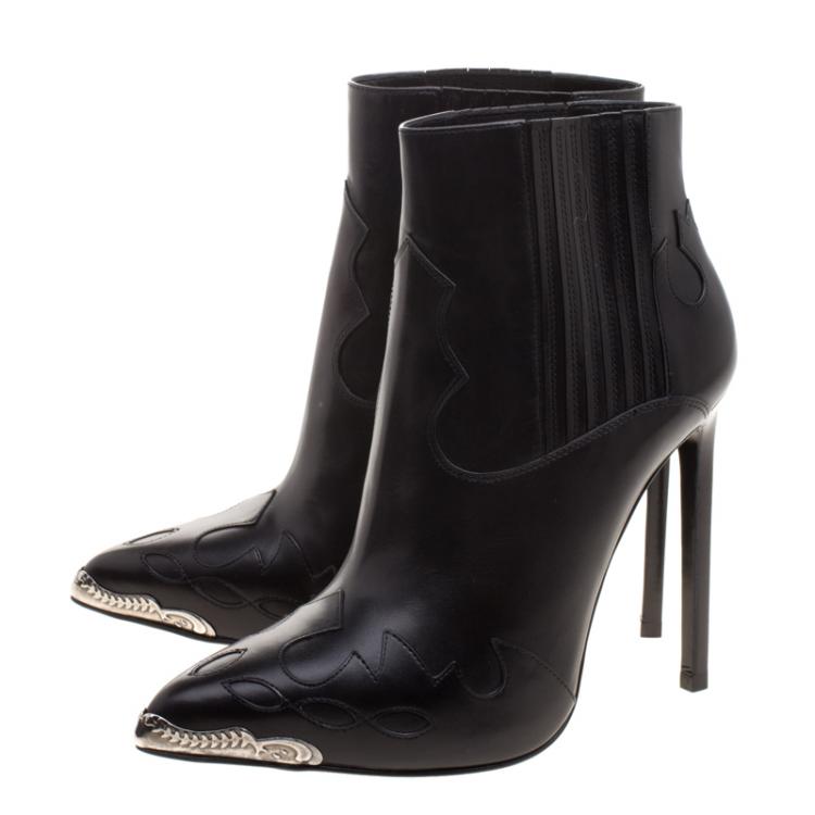 Pre Owned Saint Laurent Paris Black Leather Western Paris Pointed Toe Ankle Boots Size 37.5