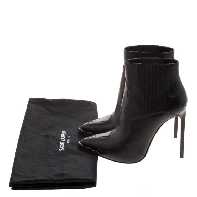 Pre Owned Saint Laurent Paris Black Leather Western Paris Pointed Toe Ankle Boots Size 37.5