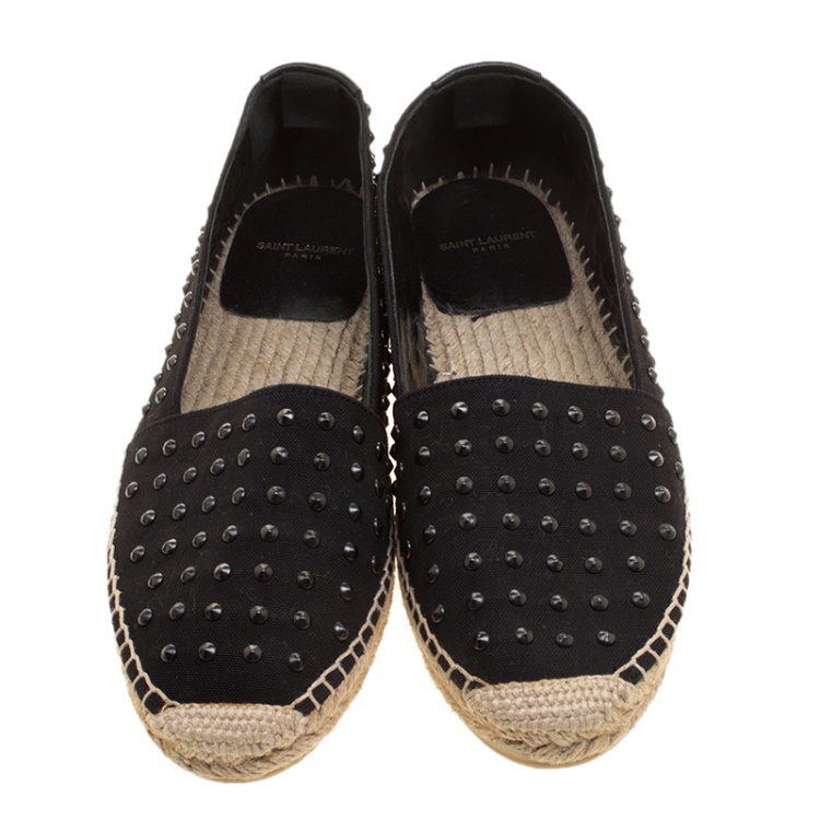 Pre Owned Saint Laurent Paris Black Stud Embellished Canvas Flat Espadrilles Size 40