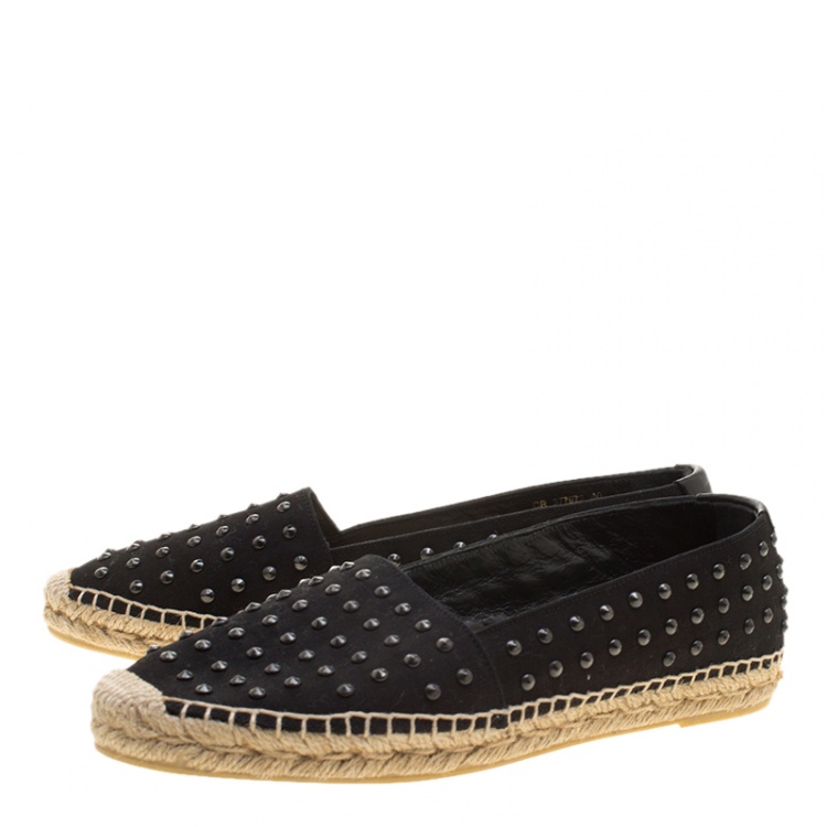 Pre Owned Saint Laurent Paris Black Stud Embellished Canvas Flat Espadrilles Size 40