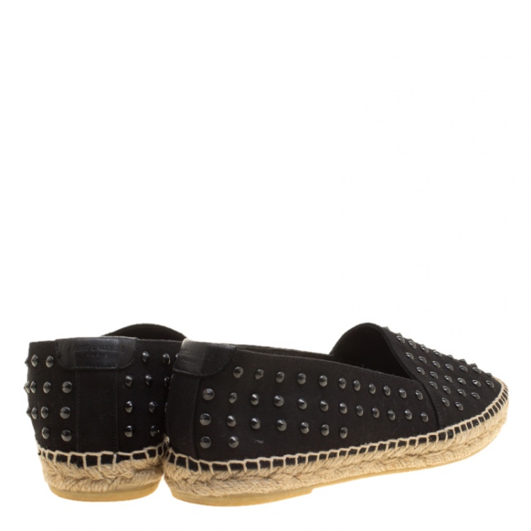 Pre Owned Saint Laurent Paris Black Stud Embellished Canvas Flat Espadrilles Size 40