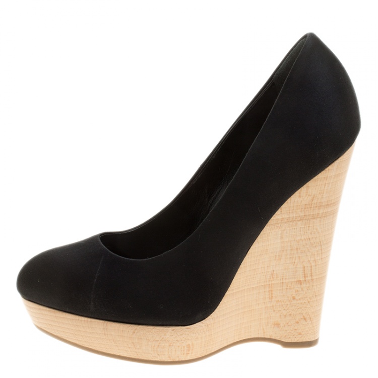 Pre Owned Saint Laurent Paris Black Satin Maryna Wedge Pumps Size 35