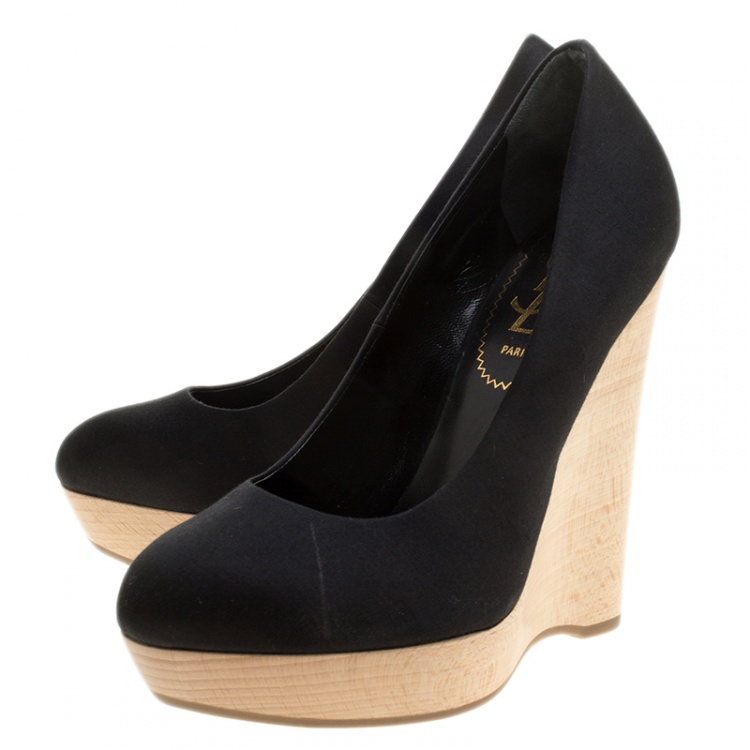 Pre Owned Saint Laurent Paris Black Satin Maryna Wedge Pumps Size 35