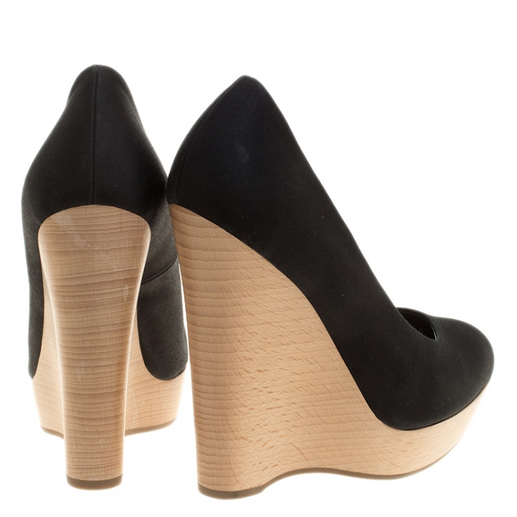 Pre Owned Saint Laurent Paris Black Satin Maryna Wedge Pumps Size 35